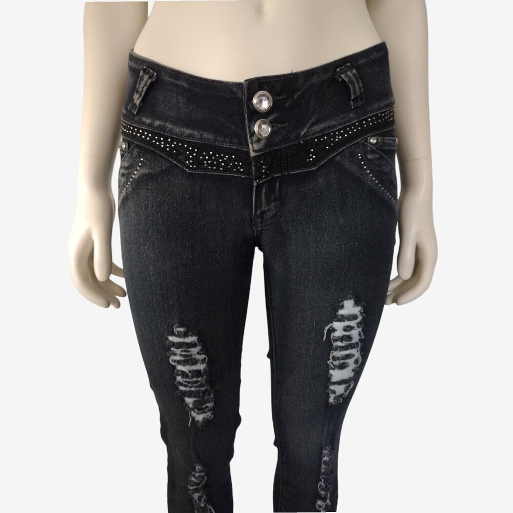 Vintage 2000s Low Rise Stretch Denim Distressed Jeweled Skinny Jeans - Picture 7 of 12